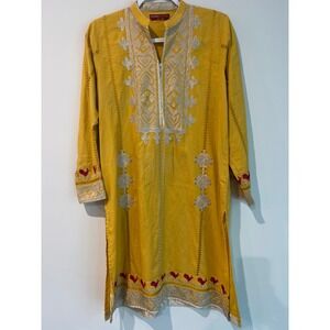 Khaadi pret Yellow Embroidered Kurta Tunic Shirt Women Size 14 Boho Artsy‎